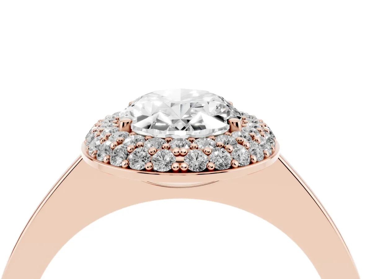 Oval Cut Halo Diamond Engagement Ring with Solitaire Band and Four-Prong Setting Rose gold