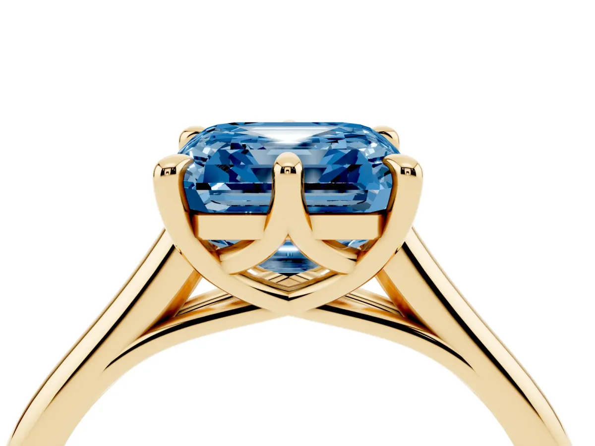 Fancy Blue Asscher Cut Solitaire Engagement Ring with Six-Prong Setting and Classic Band Yellow gold
