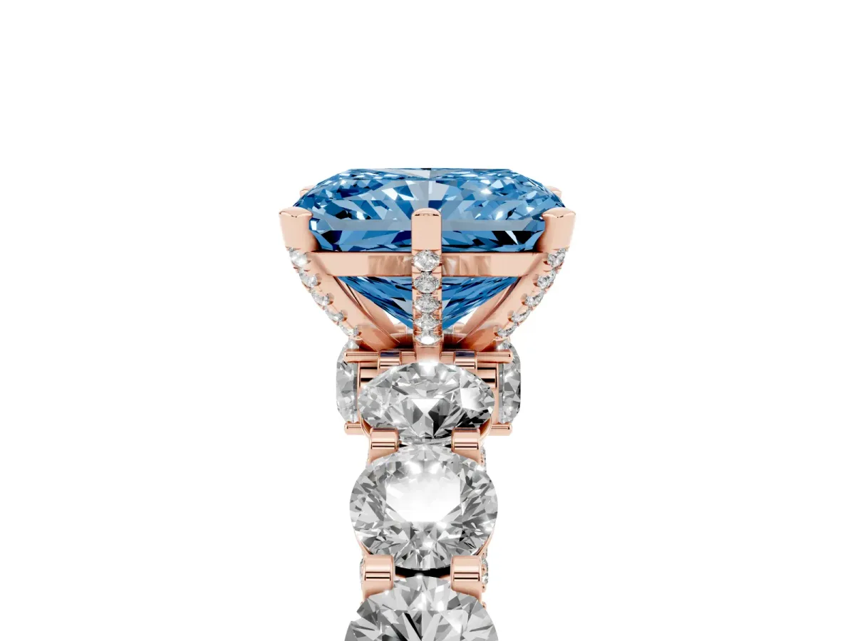 Fancy Blue Radiant Cut Diamond Side Stone Engagement Ring with Four-Prong Setting Rose gold