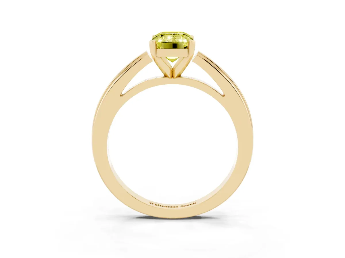 Fancy Yellow Emerald Cut Solitaire Diamond Ring with Four-Prong Setting and Classic Band Yellow gold