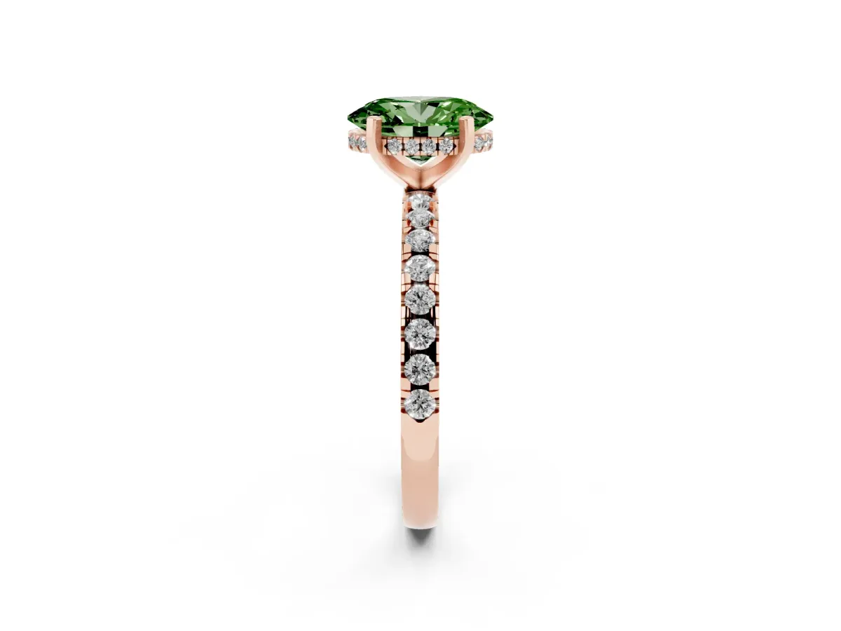 Fancy Green Oval Cut Diamond Solitaire Ring with Round Pavé Band and Four-Prong Setting Rose gold