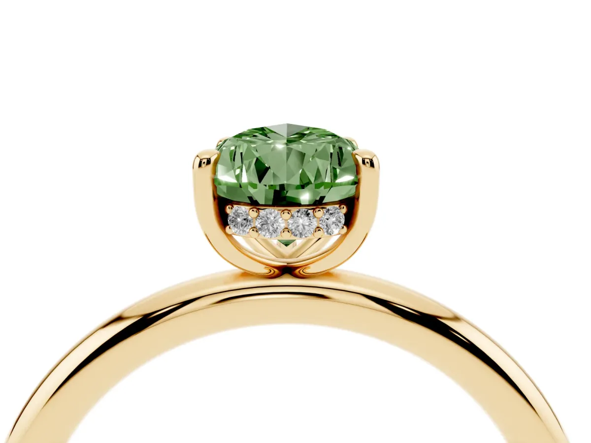 Fancy Green Pear Cut Diamond Solitaire Ring with Thin Band and Four-Prong Setting Yellow gold