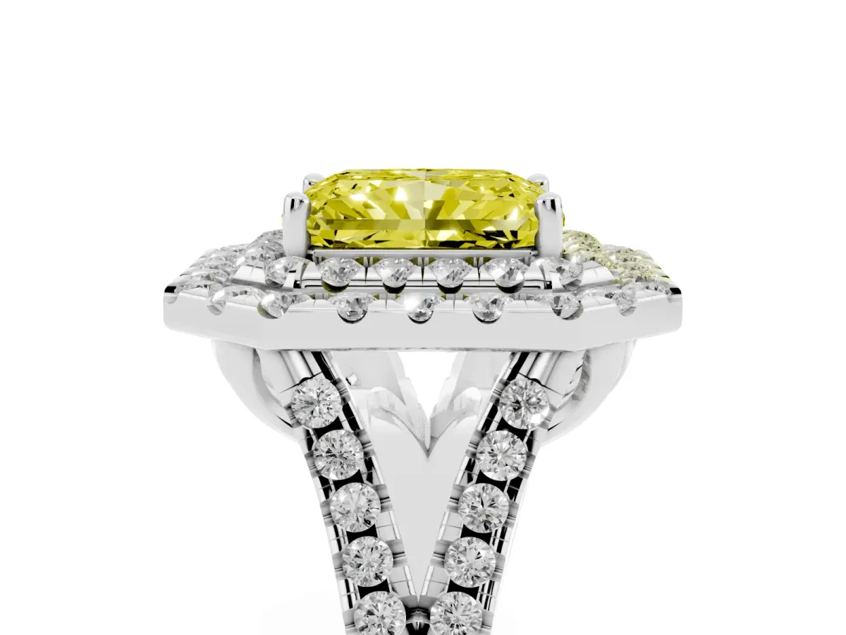 Fancy Yellow Double Halo Radiant Cut Diamond Pavé Split Shank Ring with Prong Setting Silver