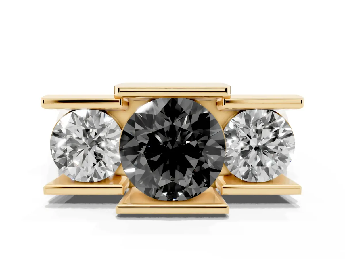 Fancy Black Three Stone Round Cut Cut Channel Set Diamond Ring Yellow gold