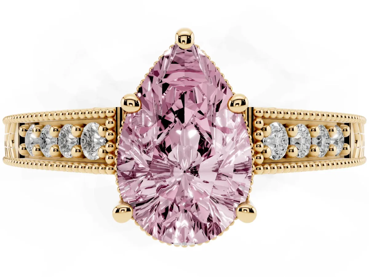 Fancy Pink Pear Cut Solitaire Pavé Diamond Milgrain Engagement Ring with Four-Prong Setting Yellow gold