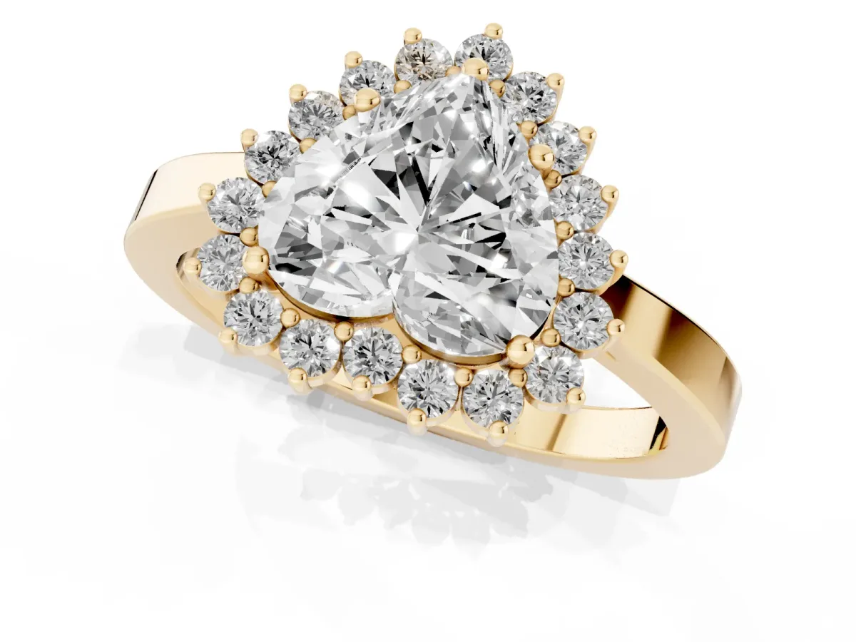 Heart Cut Cut Diamond Halo Ring with Round Brilliant Halo and Solitaire Band Yellow gold