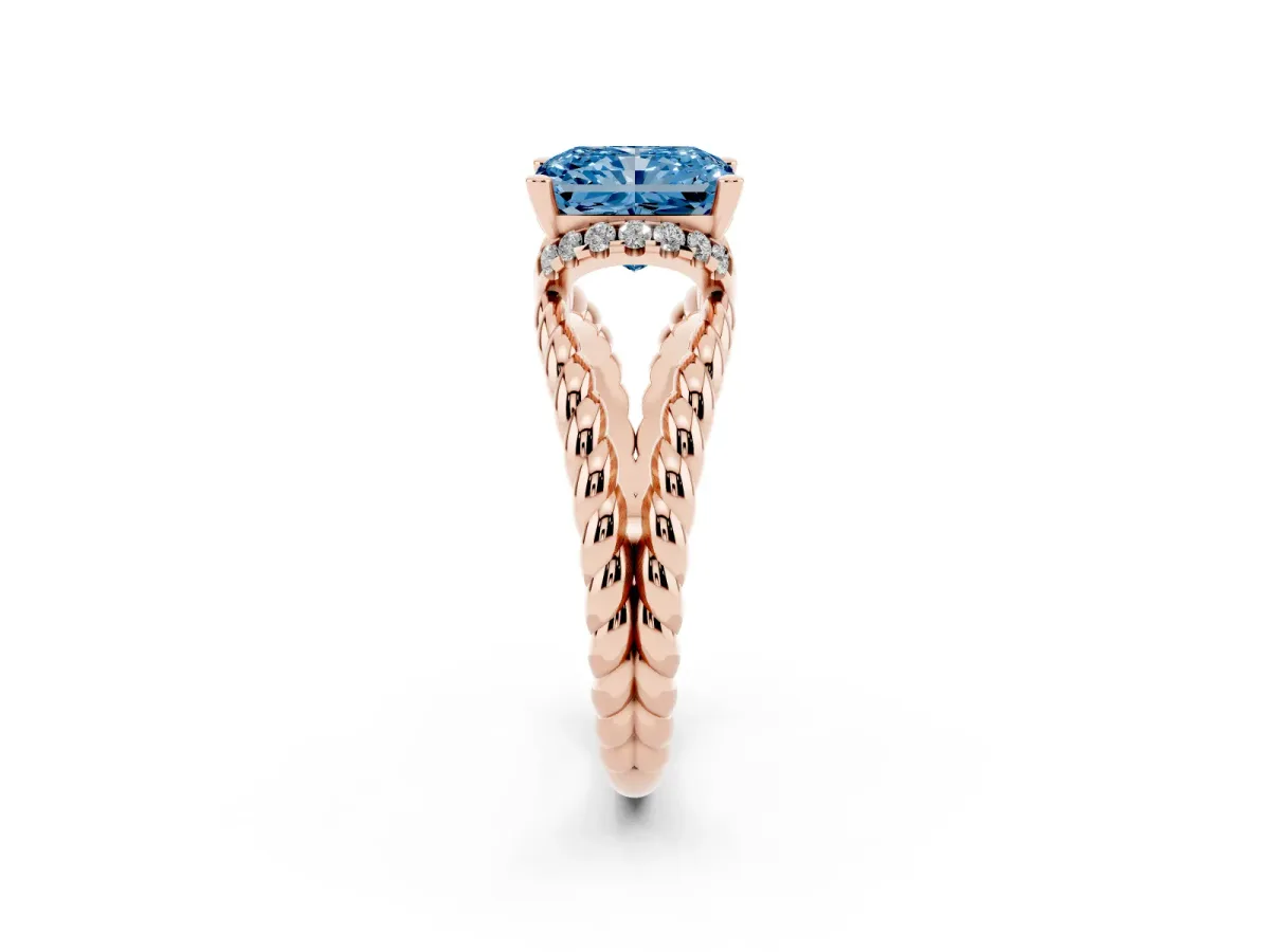 Fancy Blue Radiant Cut Halo Twisted Band Four-Prong Ring Rose gold