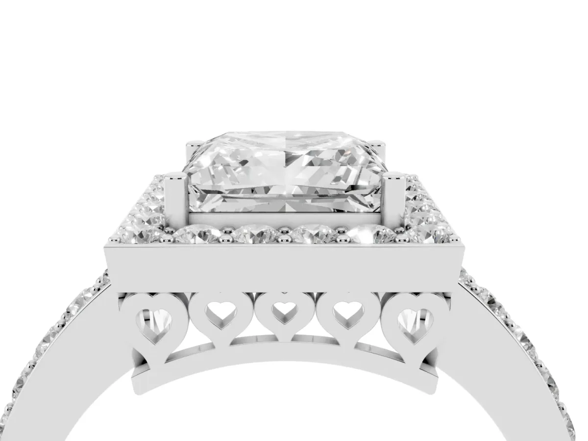 Princess Cut Halo Diamond Pavé Band Ring with Prong Setting Silver