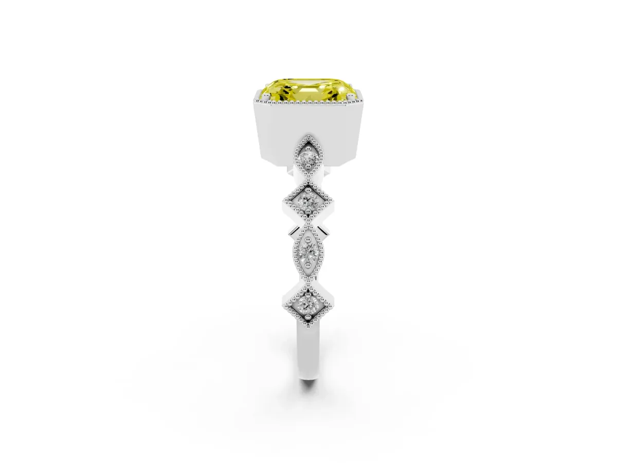 Fancy Yellow Asscher Cut Milgrain Marquise Diamond Twist Band Ring Silver