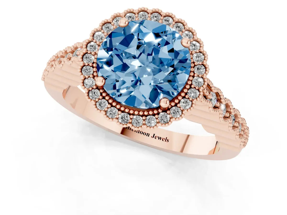 Fancy Blue Round Cut Cut Halo Pavé Solitaire Ring with Milgrain Band Rose gold