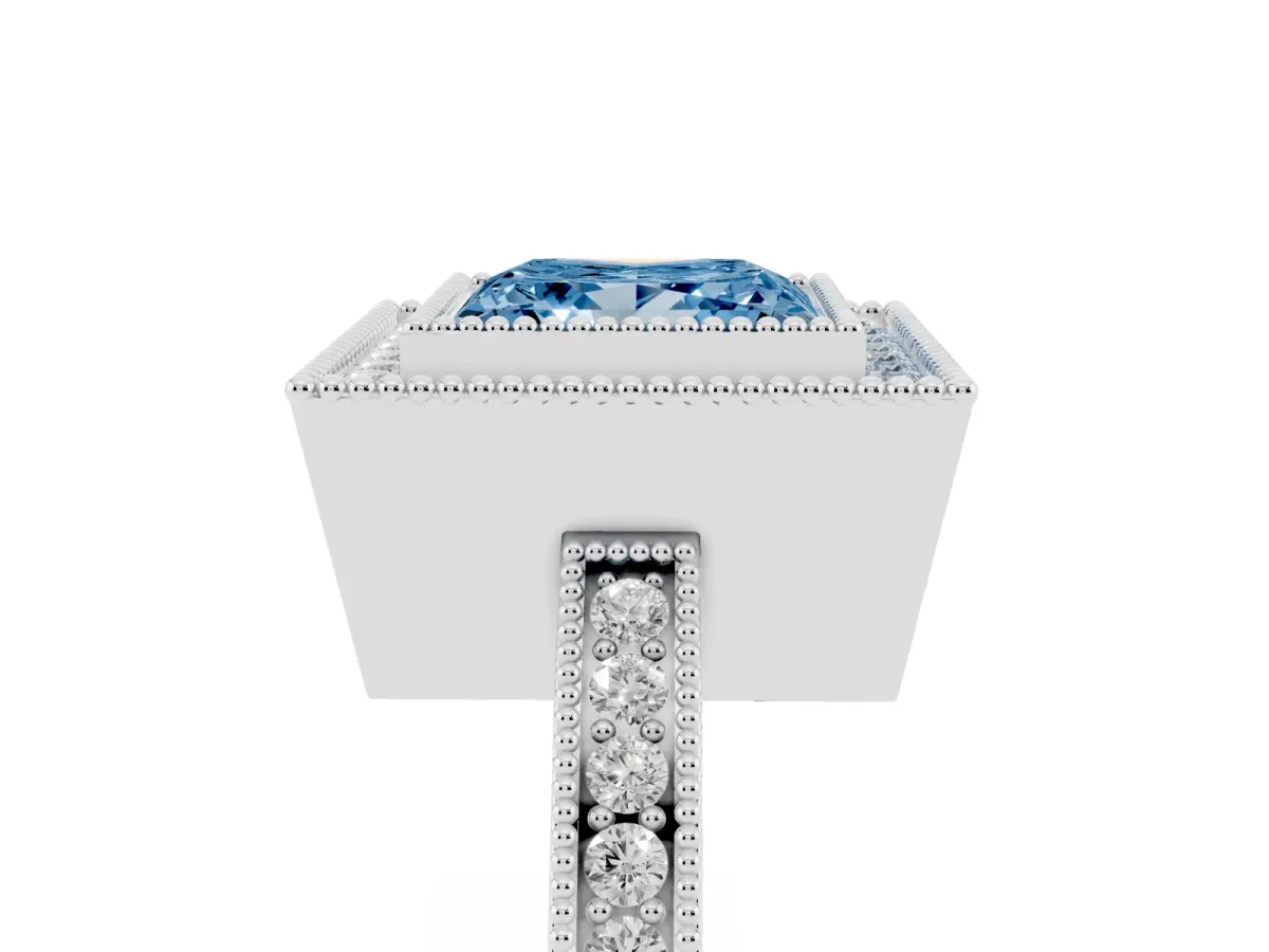 Fancy Blue Princess Cut Cut Halo Diamond Ring with Pavé Band and Milgrain Prong Setting Platinum