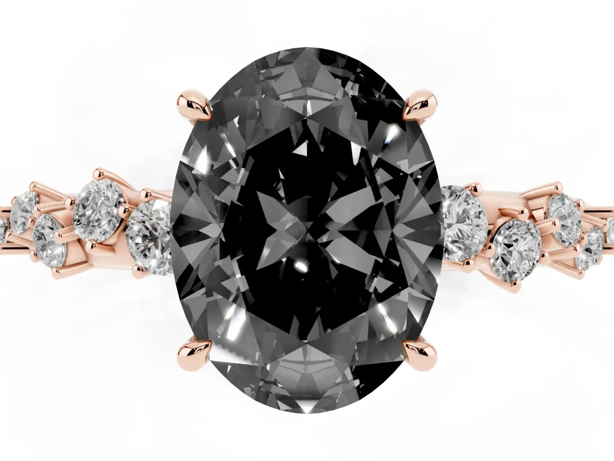 Fancy Black Oval Cut Diamond Cluster Side Stone Solitaire Ring with Prong Setting Rose gold