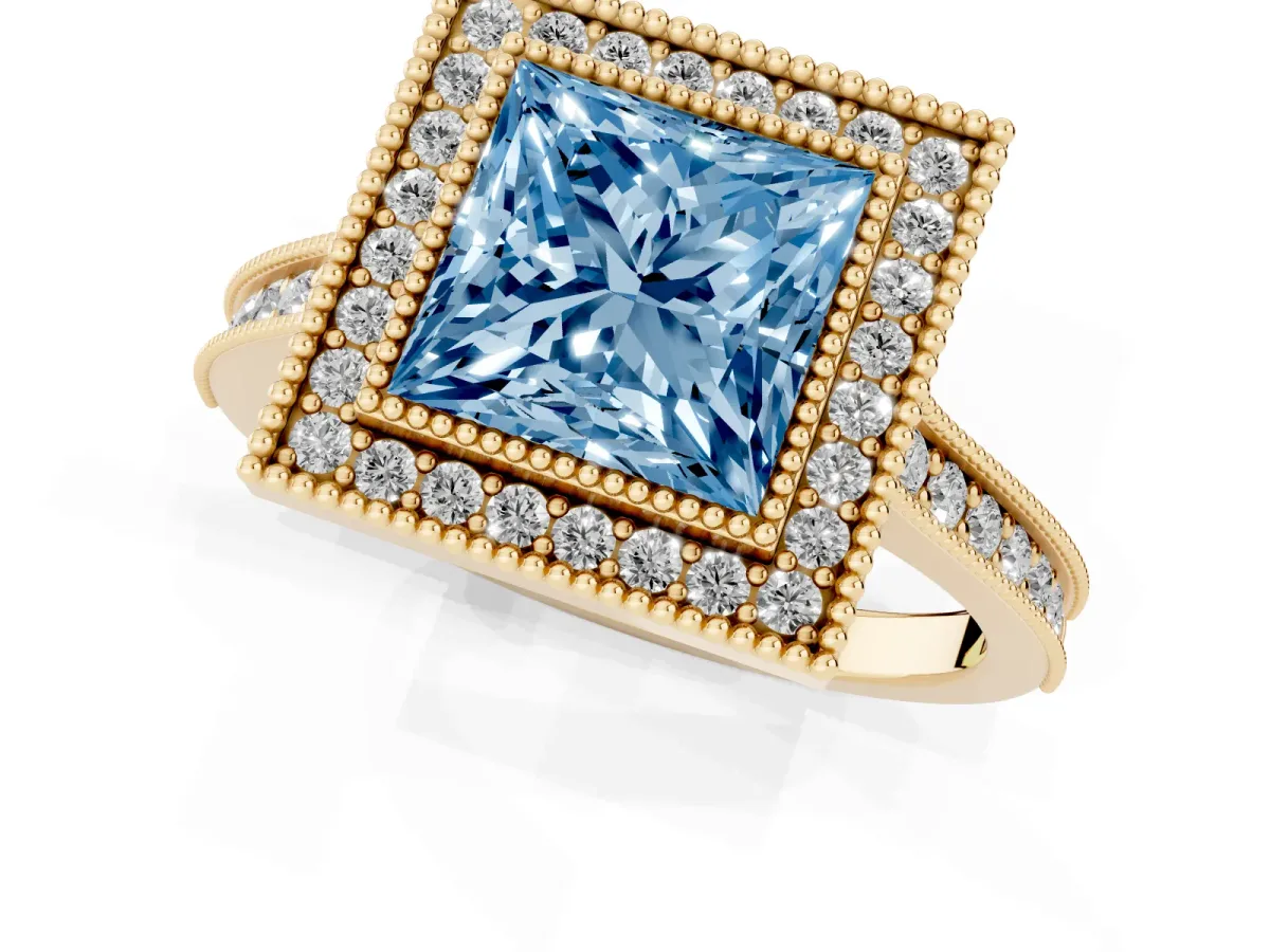 Fancy Blue Halo Princess Cut-Cut Diamond Pave Band Milgrain Prong Setting Ring Yellow gold