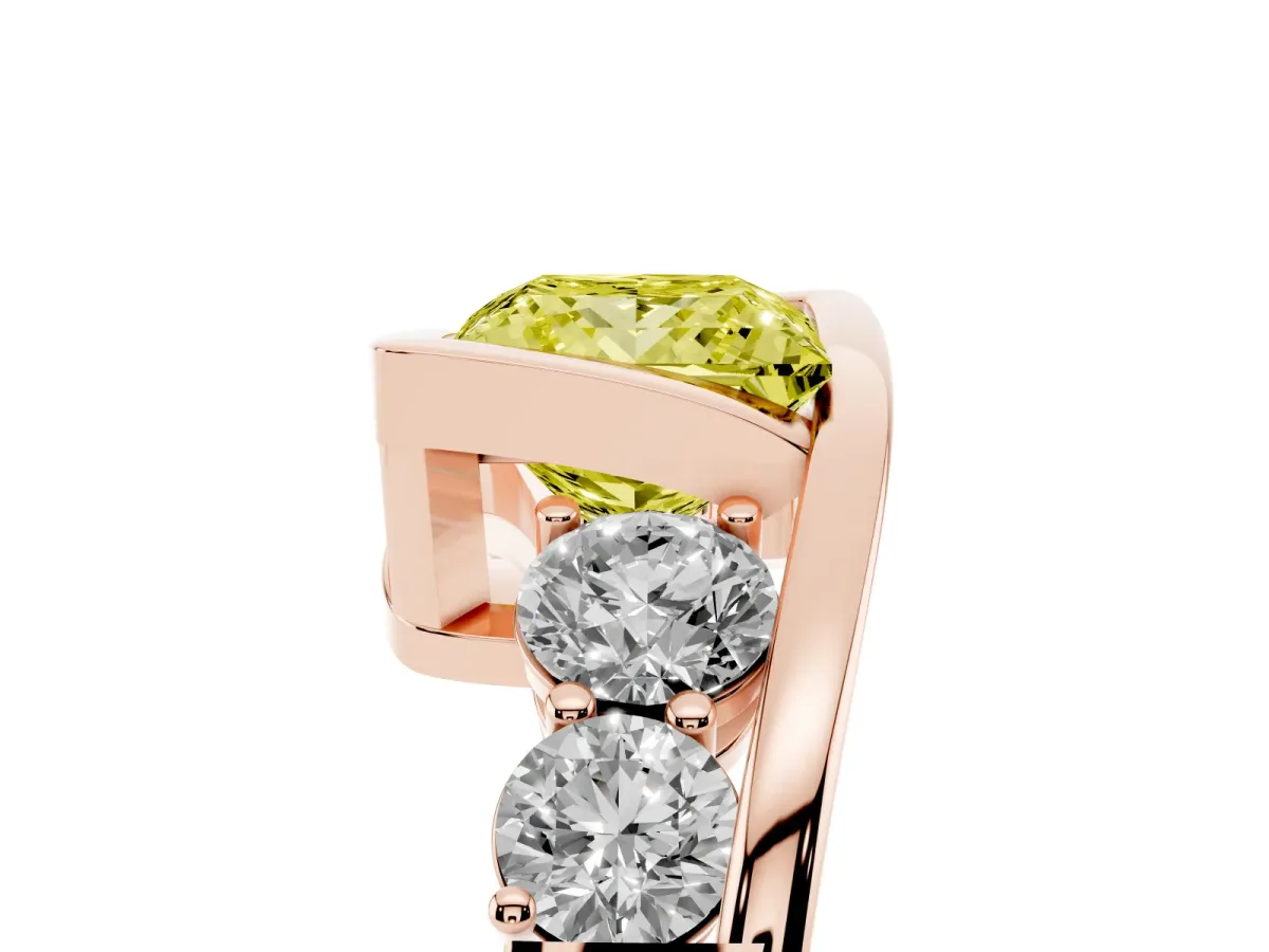 Fancy Yellow Bezel Set Princess Cut Diamond Bypass Ring with Round Accents Rose gold