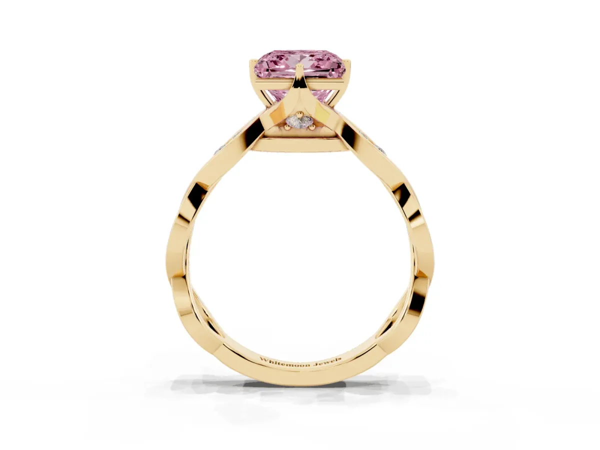 Fancy Pink Princess Cut Solitaire Twist Band with Leaf Prong Setting Yellow gold