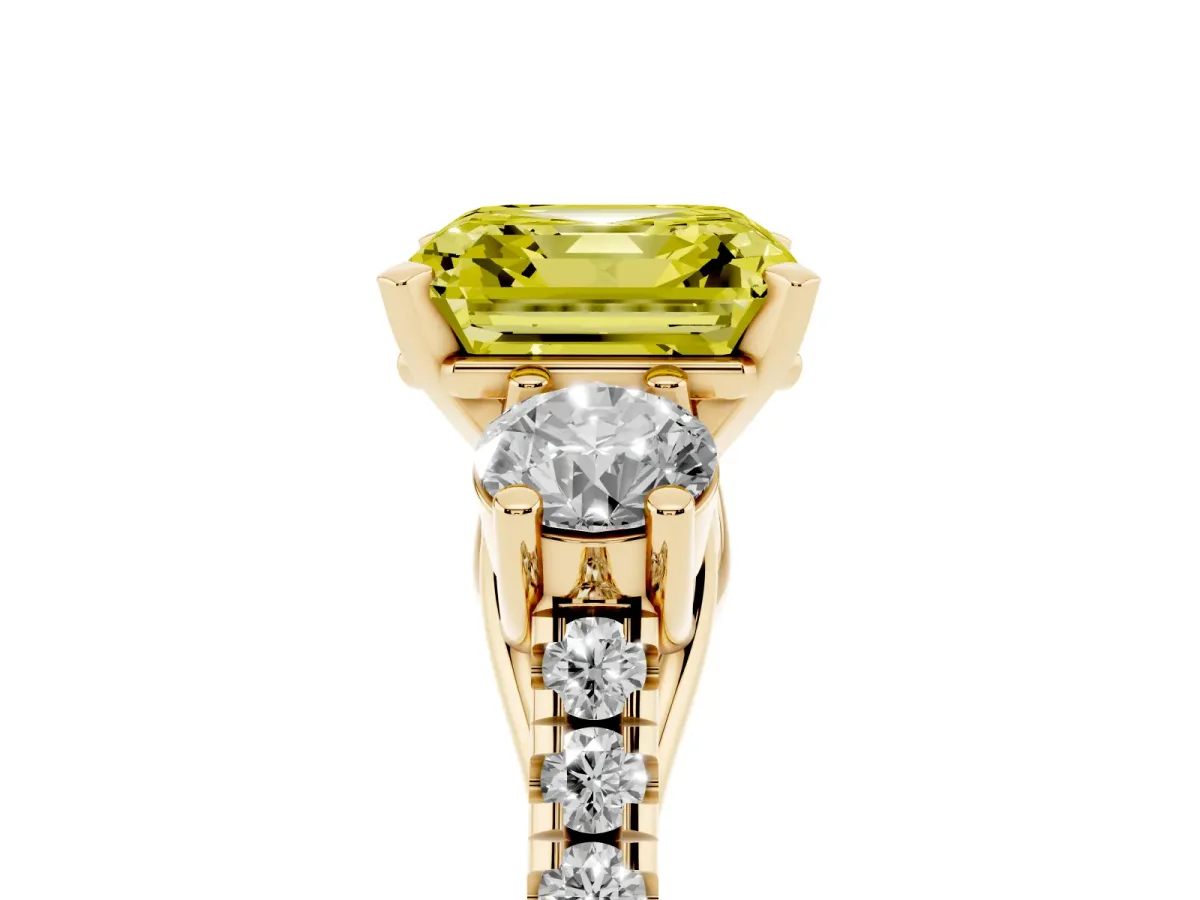 Fancy Yellow Three-Stone Asscher Cut Diamond Pavé Band with Four-Prong Setting Yellow gold