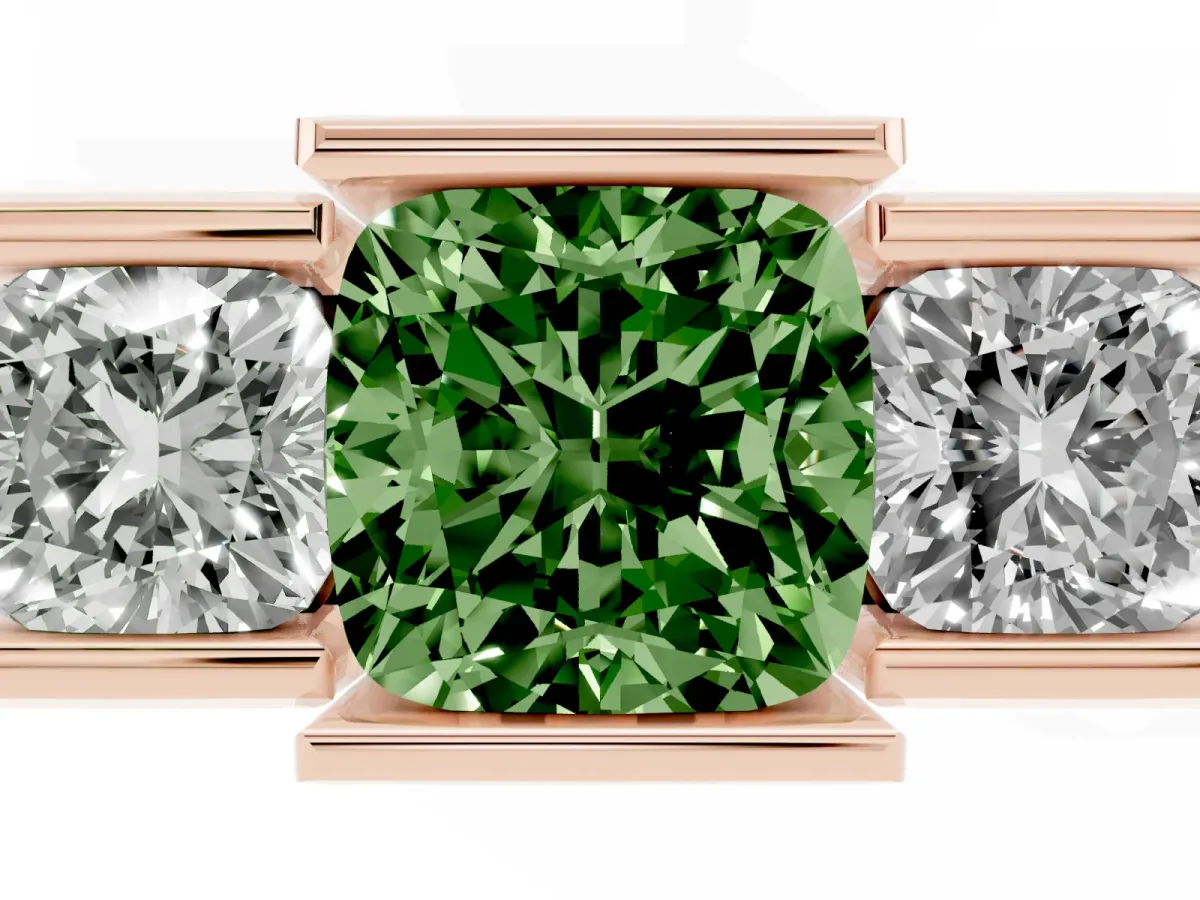 Fancy Green Three Stone Cushion Cut Cut Channel Set Diamond Ring Rose gold