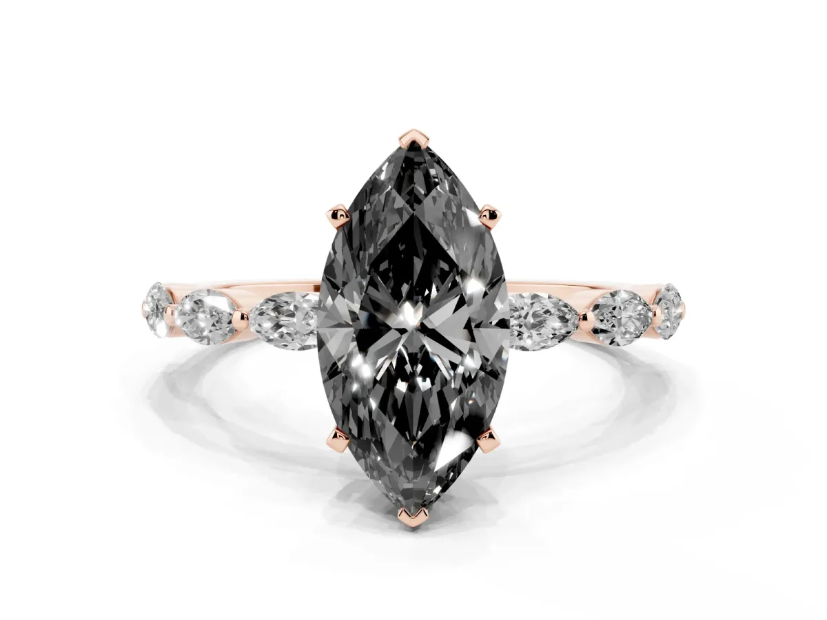 Fancy Black Marquise Cut Diamond Ring with Marquise Side Stones and Prong Setting Rose gold