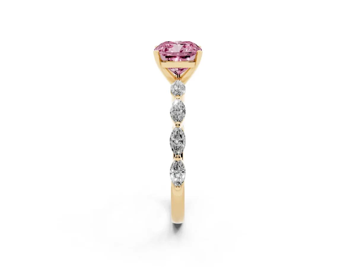 Fancy Pink Cushion Cut Diamond Ring with Marquise Side Stones and Prong Setting Yellow gold