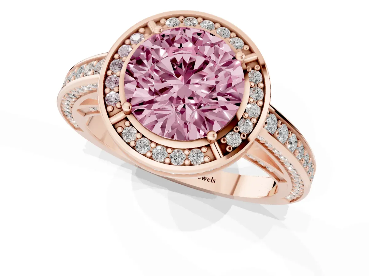 Fancy Pink Round Cut Cut Halo Pave Split Shank Prong Setting Ring Rose gold