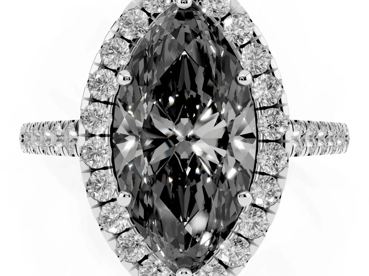 Fancy Black Marquise Cut Halo Pave Diamond Engagement Ring with Four-Prong Setting Platinum