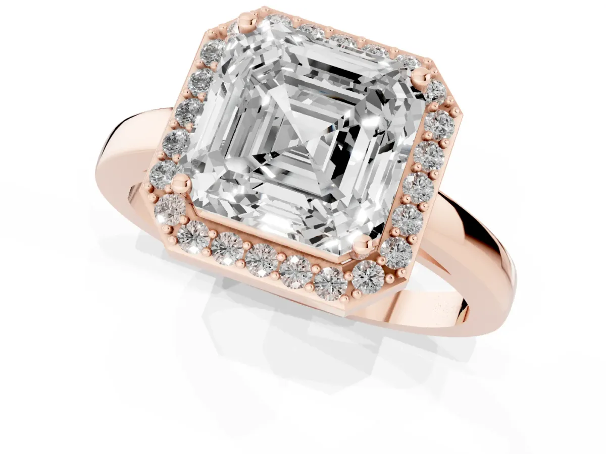 Asscher Cut Halo Diamond Ring with Solitaire Band and Prong Setting Rose gold