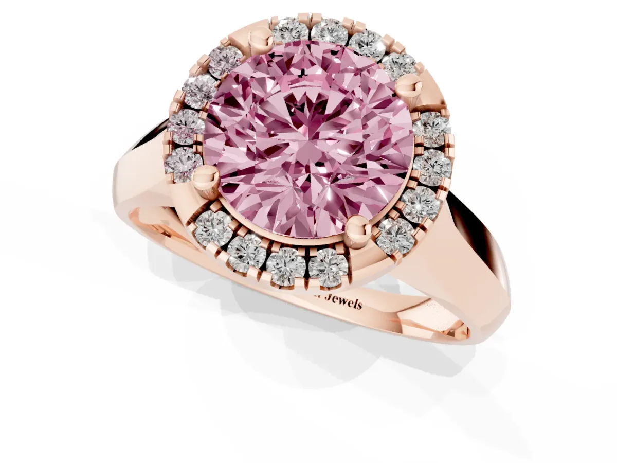 Fancy Pink Round Cut Cut Halo Solitaire Engagement Ring with Square Band and Four-Prong Setting Rose gold