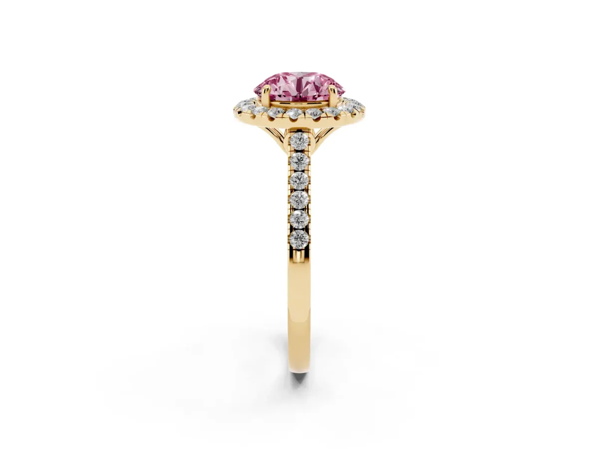 Fancy Pink Round Cut Halo Pavé Diamond Engagement Ring with Four-Prong Setting Yellow gold