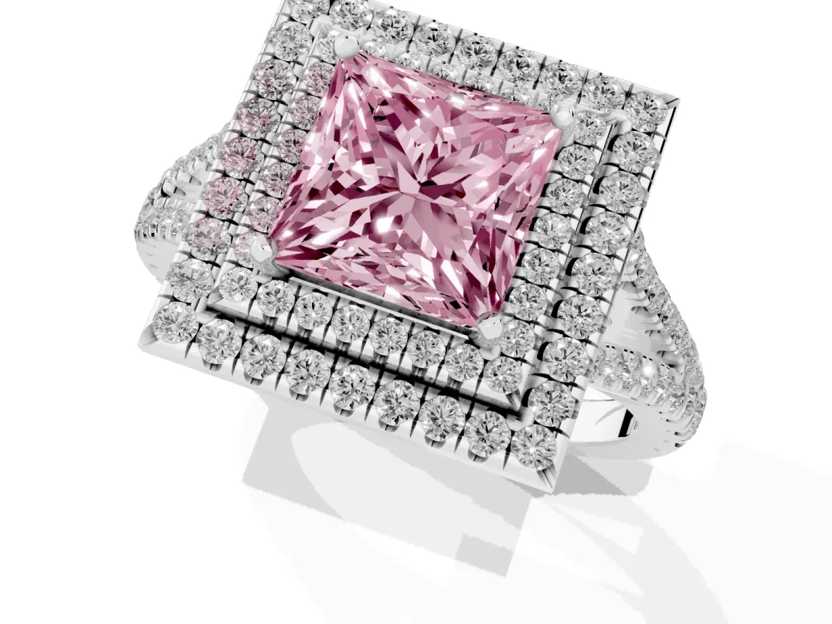 Fancy Pink Princess Cut Diamond Double Halo Ring with Pavé Band and Prong Setting Silver