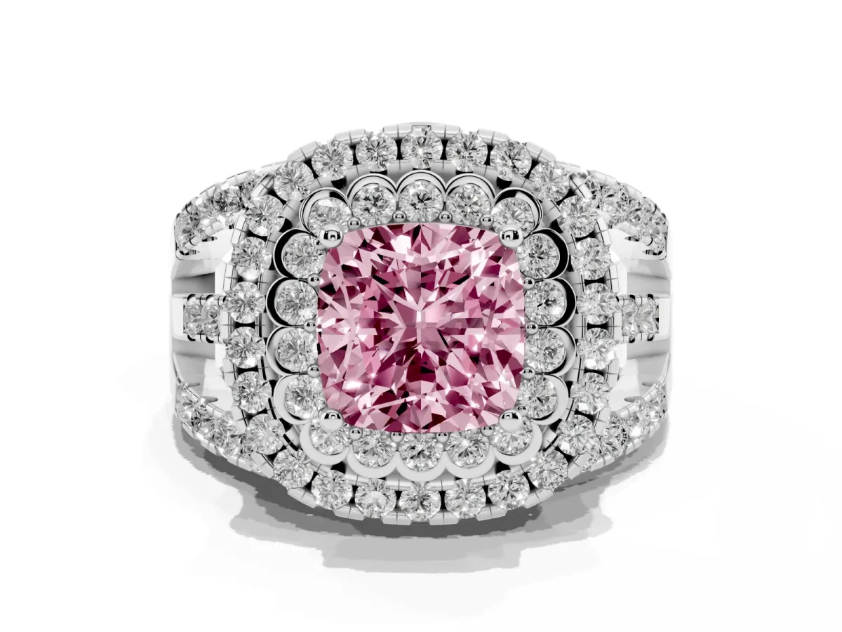 Fancy Pink Cushion Cut Diamond Double Halo Ring with Round Pavé Split Shank and Prong Setting Silver