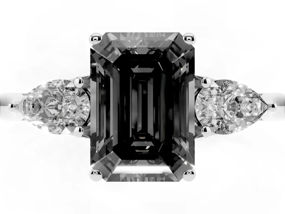 Fancy Black Three-Stone Emerald Cut Brilliant Diamond Solitaire Ring with Tapered Band and Four-Prong Setting Platinum