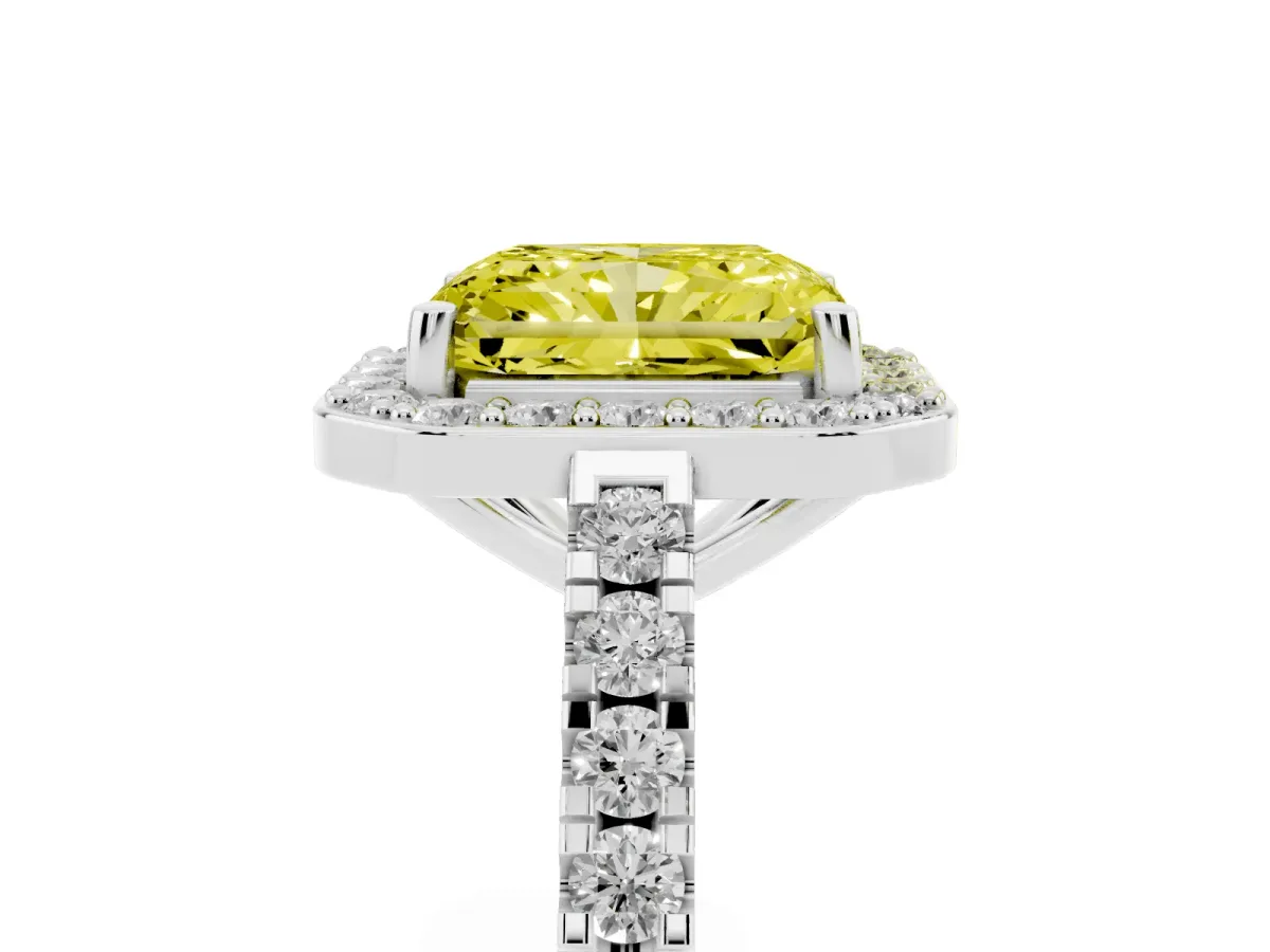 Fancy Yellow Radiant Cut Diamond Halo Ring with Round Pavé Split Shank and Prong Setting Silver