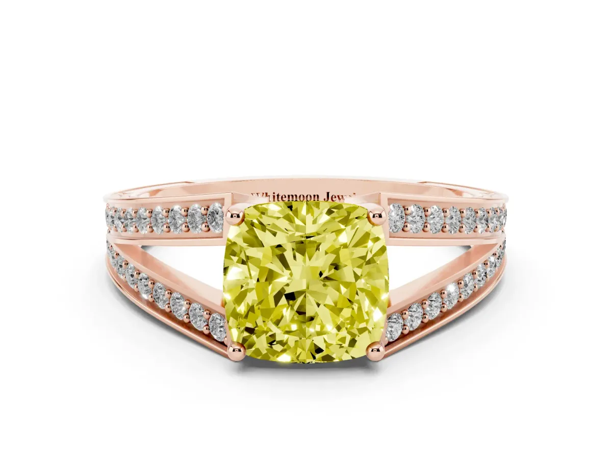 Fancy Yellow Cushion Cut Diamond Split Shank Ring with Pavé Band and Four-Prong Setting Rose gold