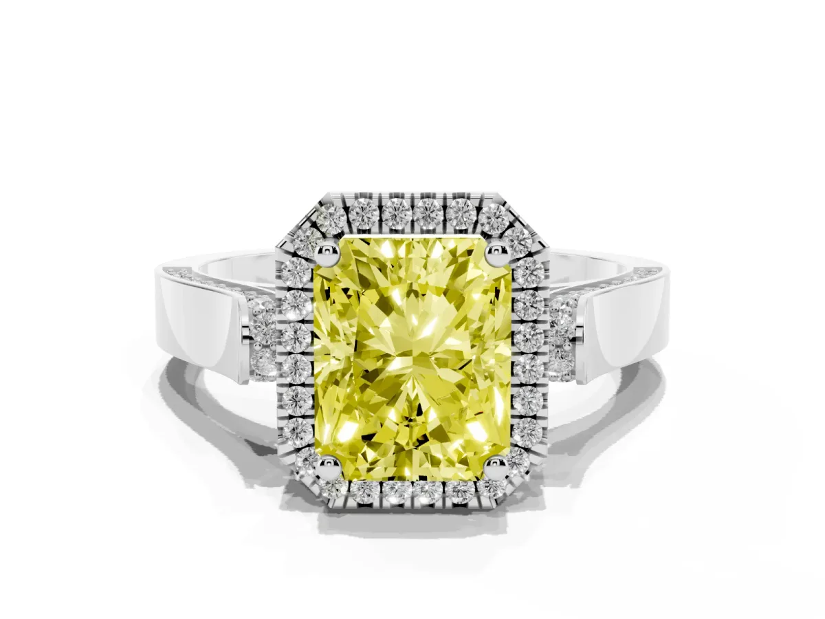 Fancy Yellow Radiant Cut Halo Pave Split Shank Prong Setting Ring Silver