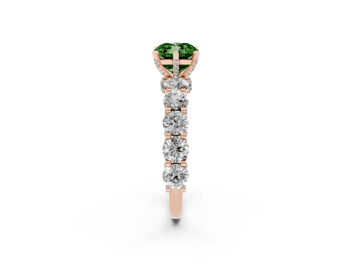 Fancy Green Cushion Cut Diamond Side Stone Engagement Ring with Four-Prong Setting Rose gold