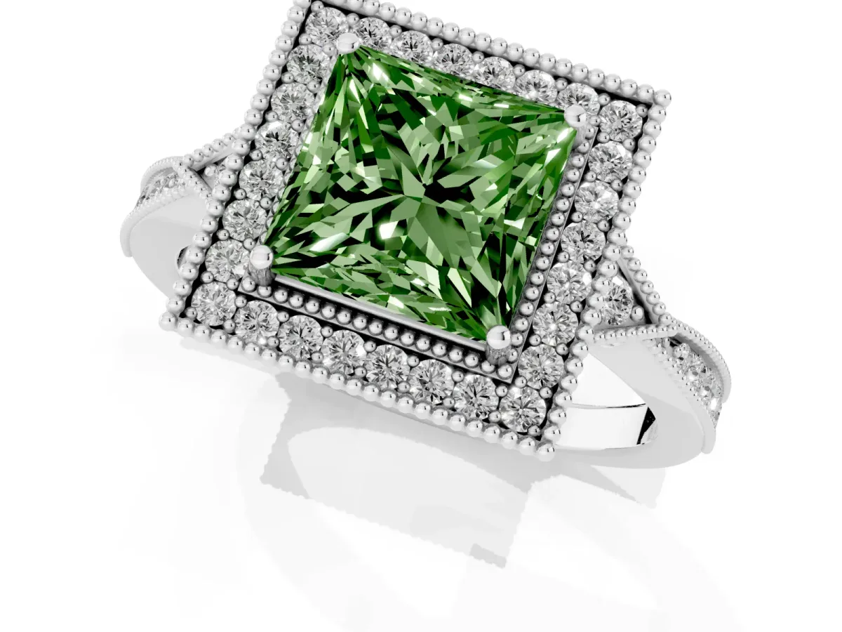 Fancy Green Princess Cut Halo Round Diamond Milgrain Pave Engagement Ring Platinum