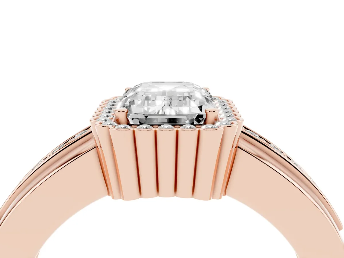 Emerald Cut Cut Halo Pave Band Four-Prong Ring Rose gold