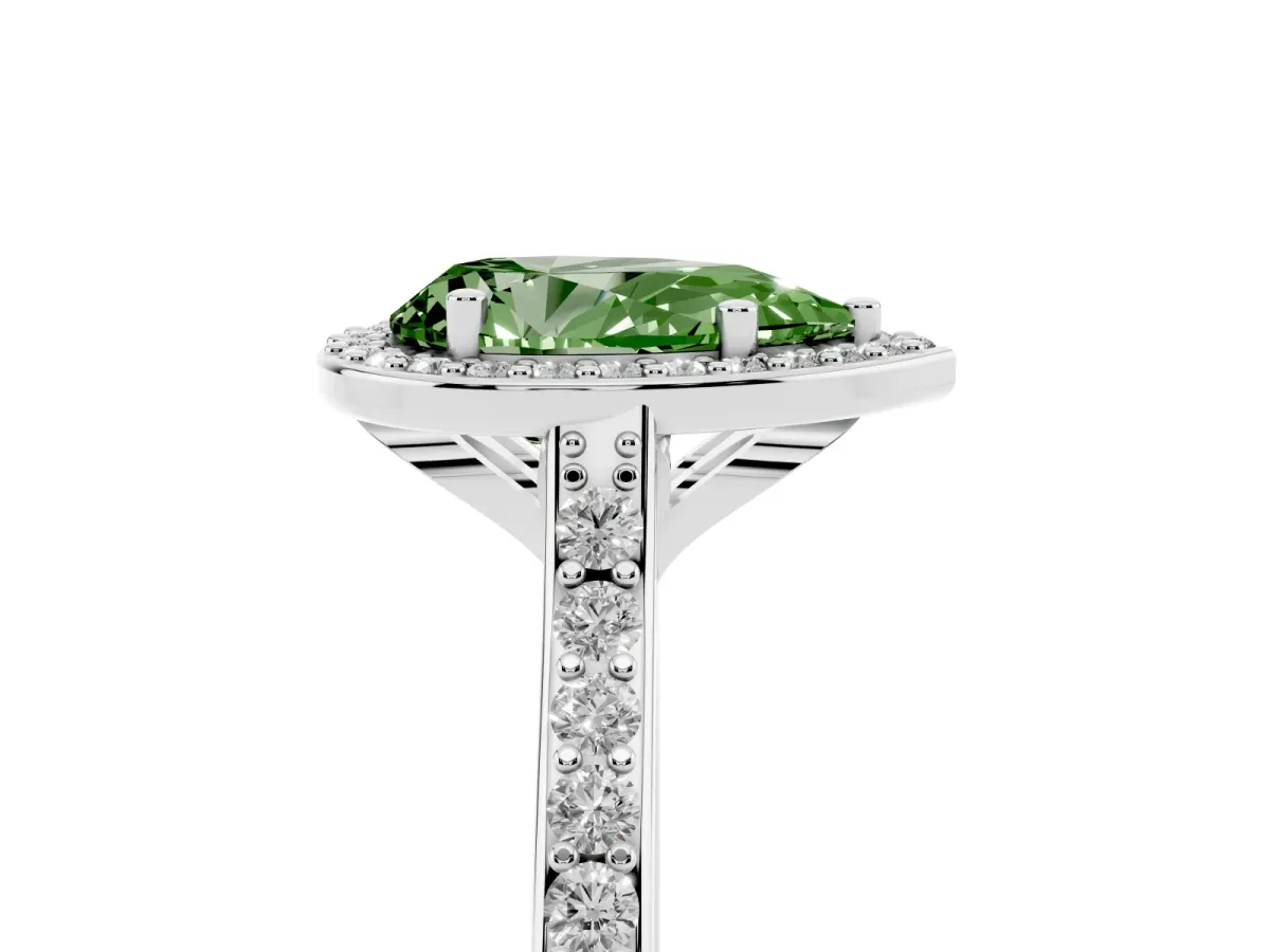Fancy Green Pear Cut Diamond Halo Engagement Ring with Round Pavé Shoulders and Prong Setting White gold