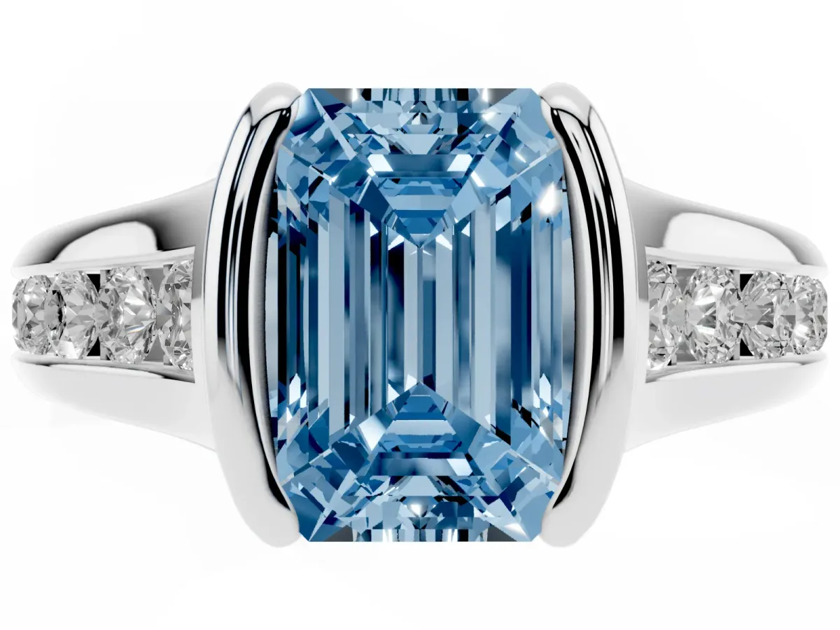 Fancy Blue Emerald Cut Solitaire Bezel-Set Diamond Ring with Channel-Set Band Platinum