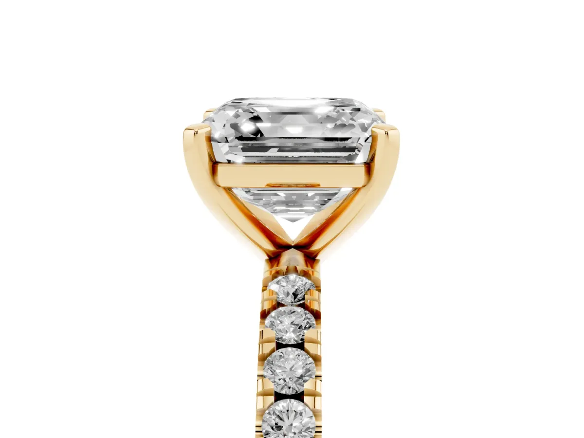 Asscher Cut Diamond Pavé Band Solitaire with Four-Prong Setting Yellow gold