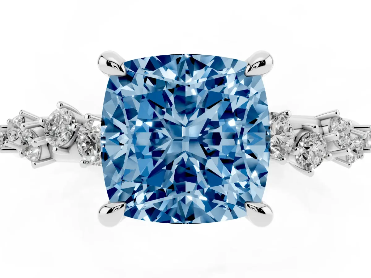 Fancy Blue Cushion Cut Cut Diamond Vine Band with Four-Prong Setting Platinum