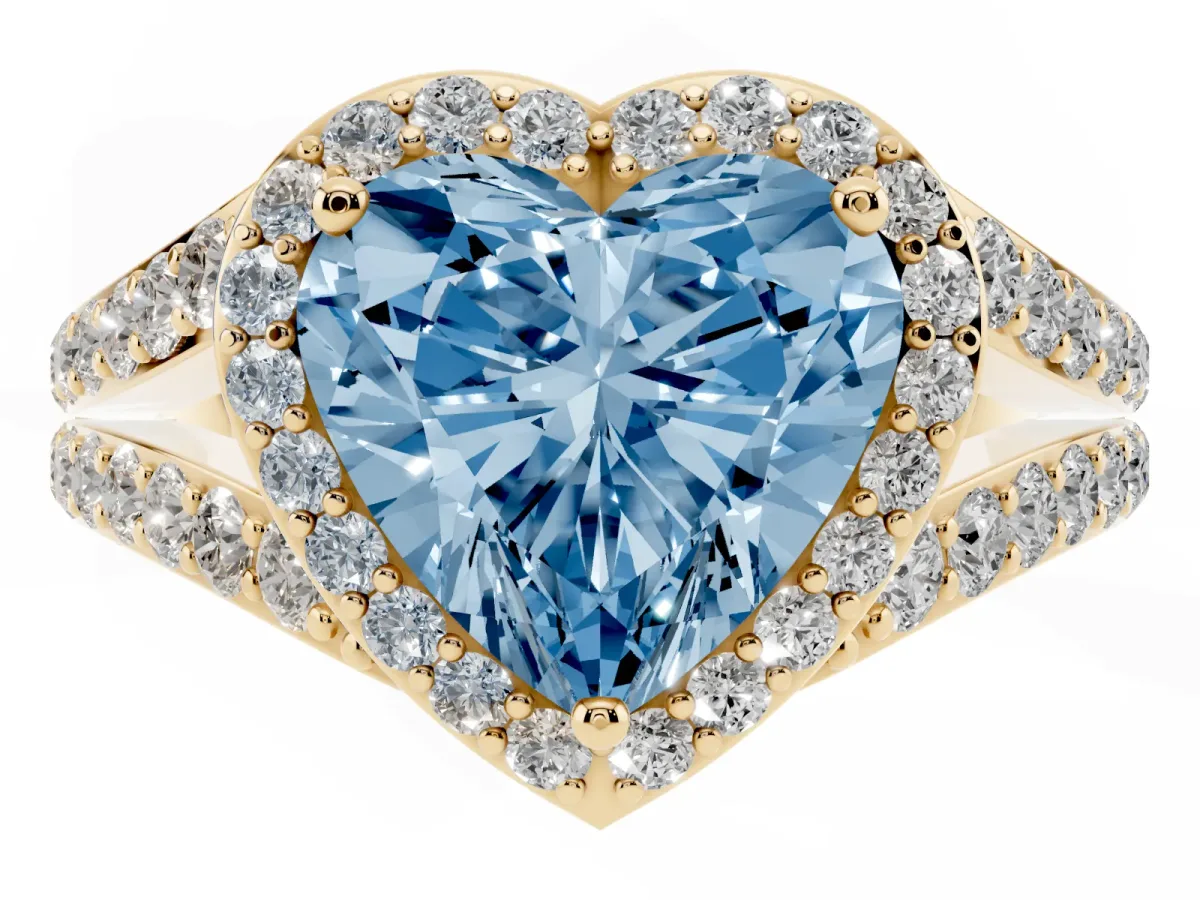 Fancy Blue Heart Cut Diamond Split Shank Halo Ring with Four-Prong Setting Yellow gold