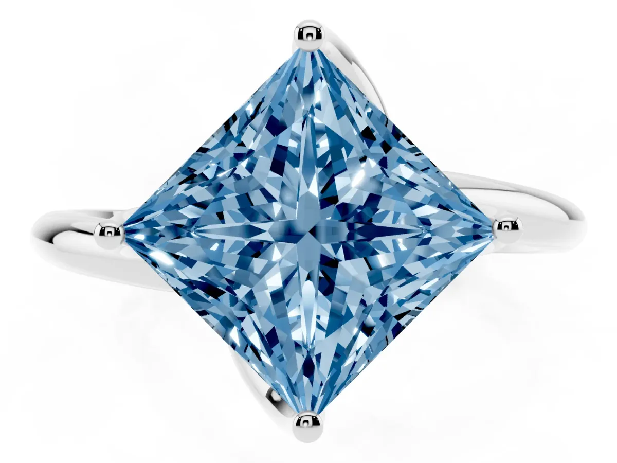Fancy Blue Princess Cut Diamond Solitaire Engagement Ring with Four-Prong Setting and Classic Band Silver