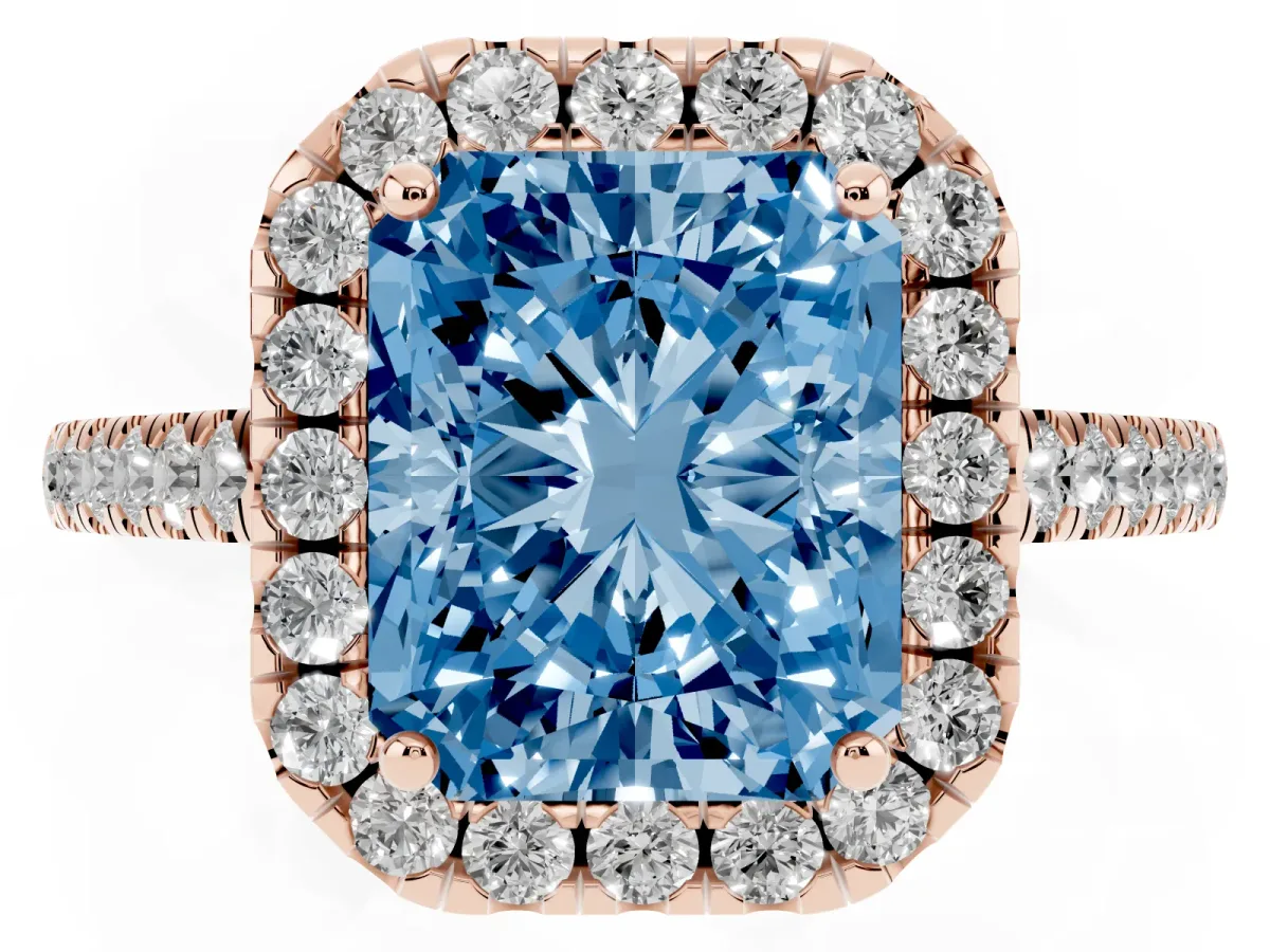 Fancy Blue Radiant Cut Halo Pavé Diamond Engagement Ring with Four-Prong Setting Rose gold