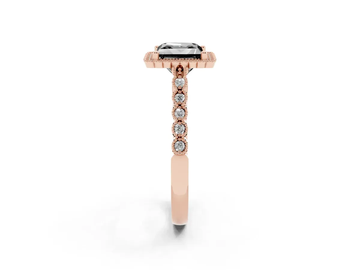 Fancy Black Princess Cut Cut Halo Pavé Solitaire Ring with Milgrain Band Rose gold