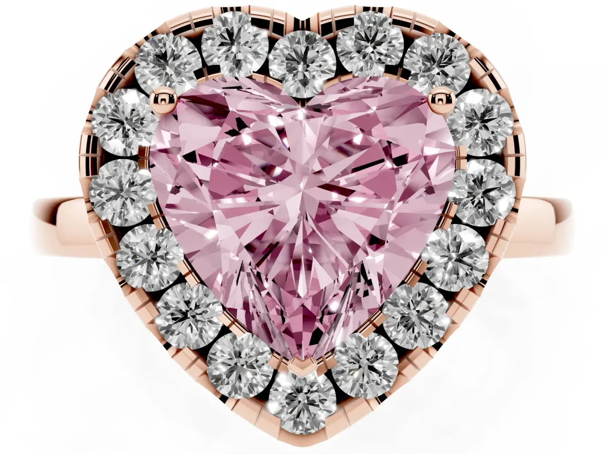 Fancy Pink Heart Cut Halo Diamond Solitaire with Pavé Band and Four-Prong Setting Rose gold