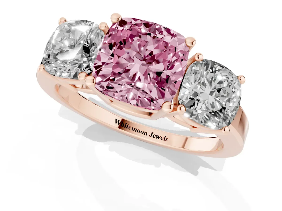 Fancy Pink Three-Stone Cushion Cut Cut Diamond Engagement Ring with Flat Band and Four-Prong Setting Rose gold