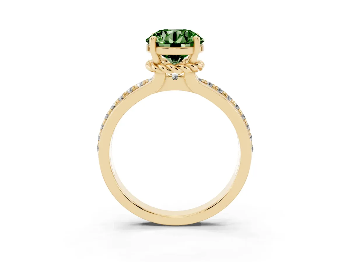 Fancy Green Round Cut Solitaire Diamond Ring with Channel Set Band and Six-Prong Setting Yellow gold