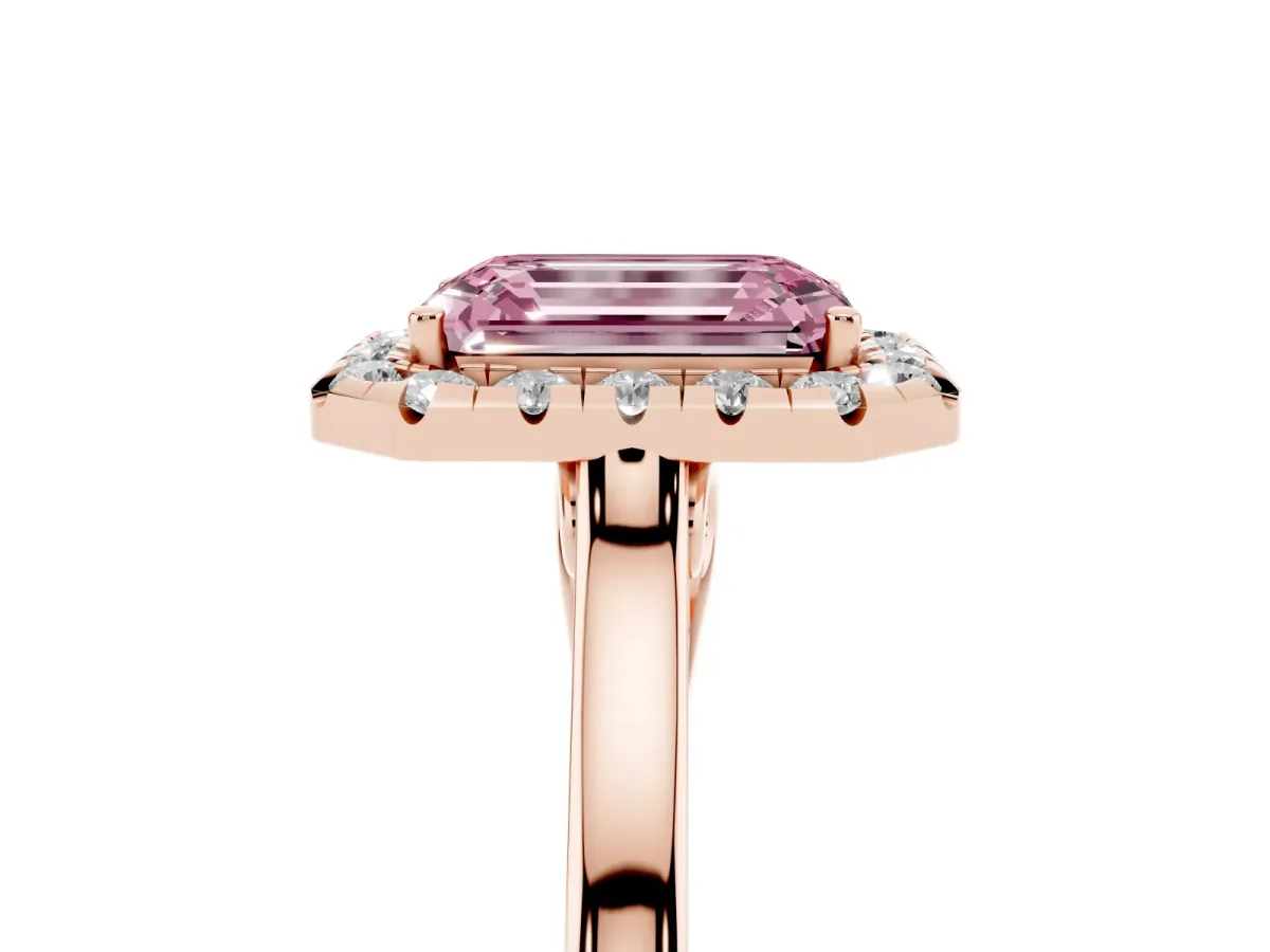 Fancy Pink Emerald Cut Halo Round Diamond Solitaire Ring with Pavé Band and Four-Prong Setting Rose gold