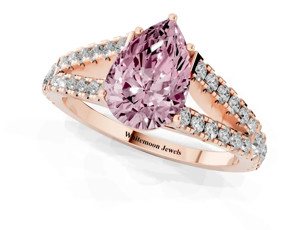Fancy Pink Pear Cut Diamond Split Shank Engagement Ring with Round Pavé and Prong Setting Rose gold